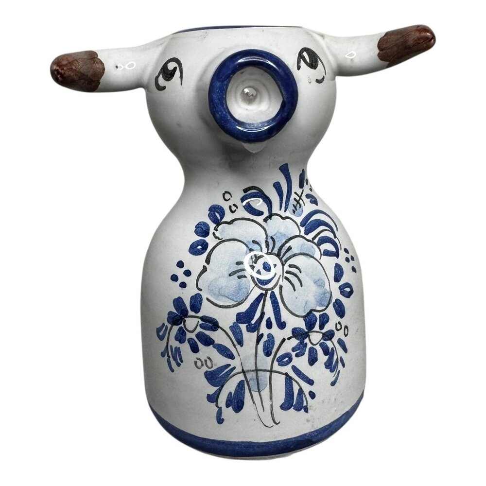 Ceramic Bull Shaped Pitcher Floral Blue Design Handcrafted Talavera Spain Vtg